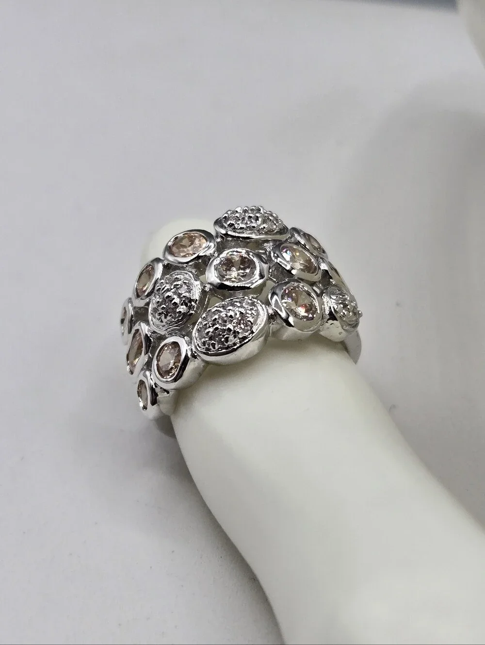 Swarovski Crystal Elements Silver Statement Ring Champagne Size 7 Wide Band
